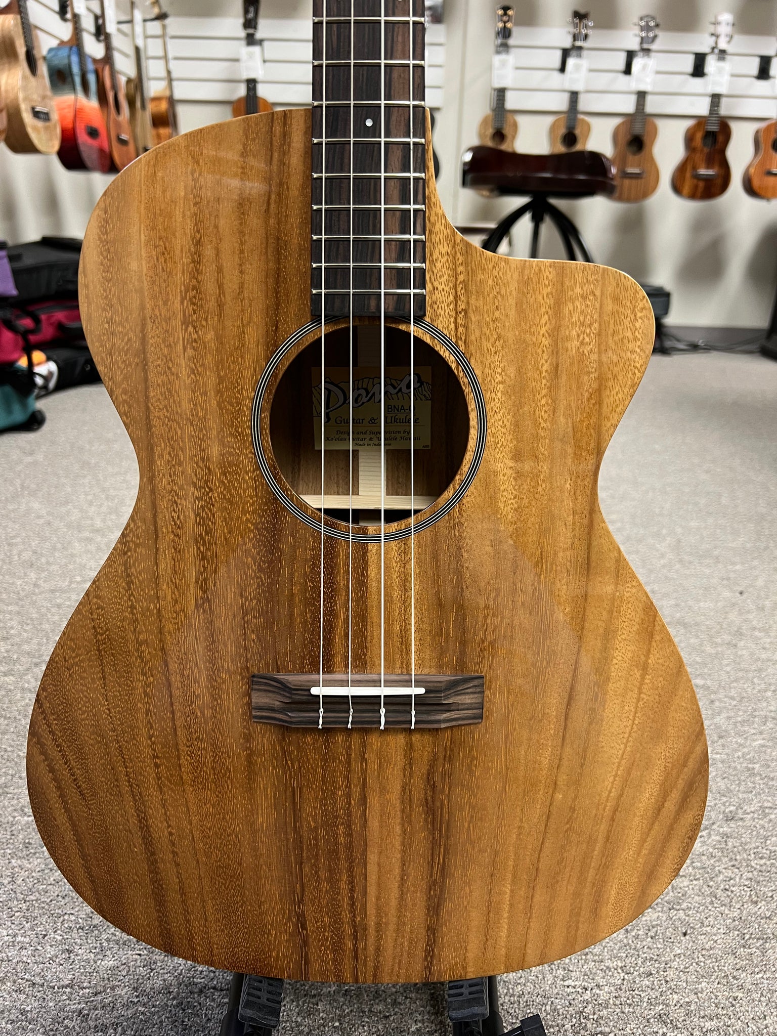 Pono BNA-0 Solid Acacia Large Body Baritone Nui Ukulele w/Case - Cutaway/Side Sound Port