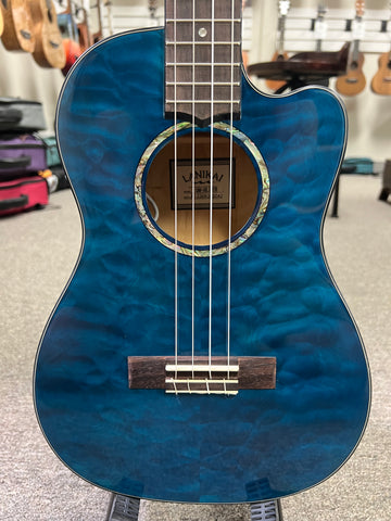 LANIKAI QM-BLCEB Quilted Maple Electric Baritone Ukulele w/Case - Transparent Blue