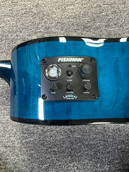 LANIKAI QM-BLCEB Quilted Maple Electric Baritone Ukulele w/Case - Transparent Blue