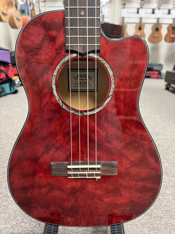 LANIKAI QM-RDCEB Quilted Maple Electric Baritone Ukulele w/Case - Transparent Red