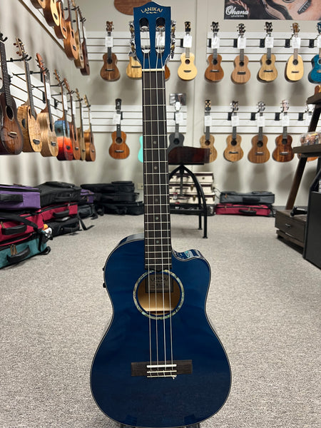 LANIKAI QM-BLCEB Quilted Maple Electric Baritone Ukulele w/Case - Transparent Blue