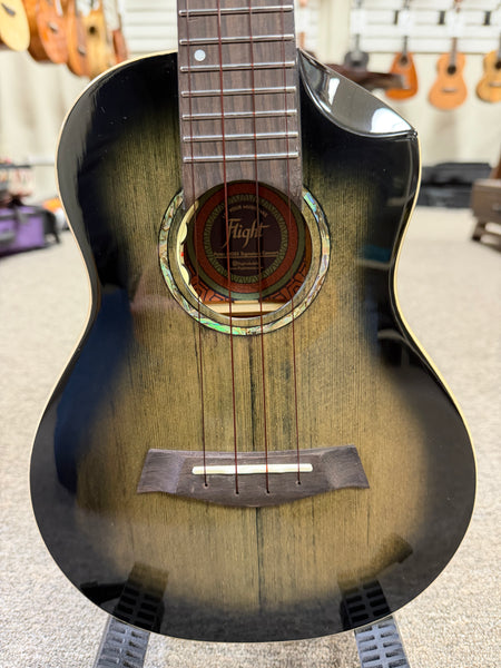 Flight Peter Moss Solid Spruce/Mahogany Electric Concert Ukulele w/Case -Black Moonburst