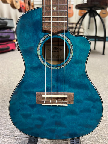 LANIKAI QM-BLCEC Quilted Maple Electric Concert Ukulele w/Case- B- Stock - Transparent Blue
