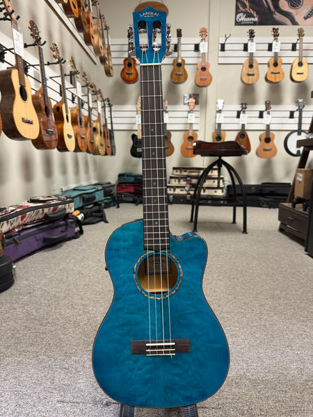 LANIKAI QM-BLCEB Quilted Maple Electric Baritone Ukulele w/Case - Transparent Blue
