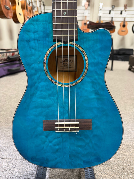 LANIKAI QM-BLCEB Quilted Maple Electric Baritone Ukulele w/Case - Transparent Blue