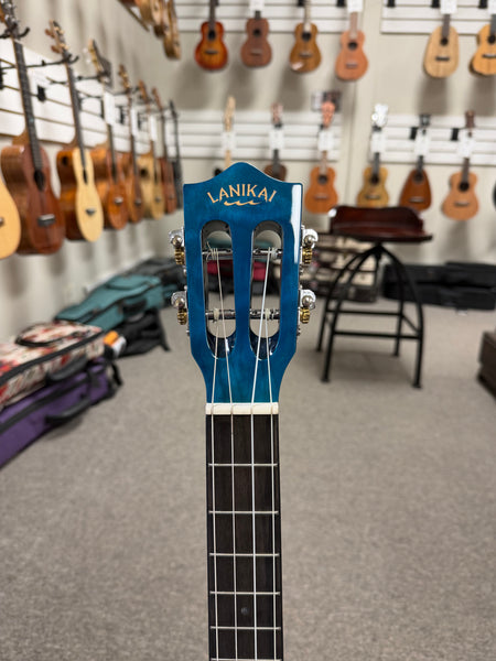 LANIKAI QM-BLCEB Quilted Maple Electric Baritone Ukulele w/Case - Transparent Blue