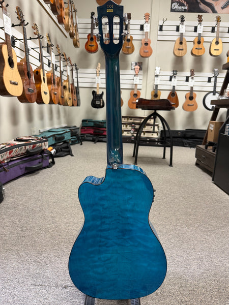LANIKAI QM-BLCEB Quilted Maple Electric Baritone Ukulele w/Case - Transparent Blue