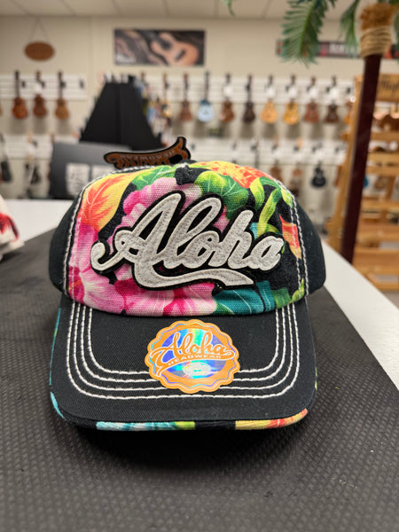 Aloha Hawaii Floral Hat Black - Fully Adjustable