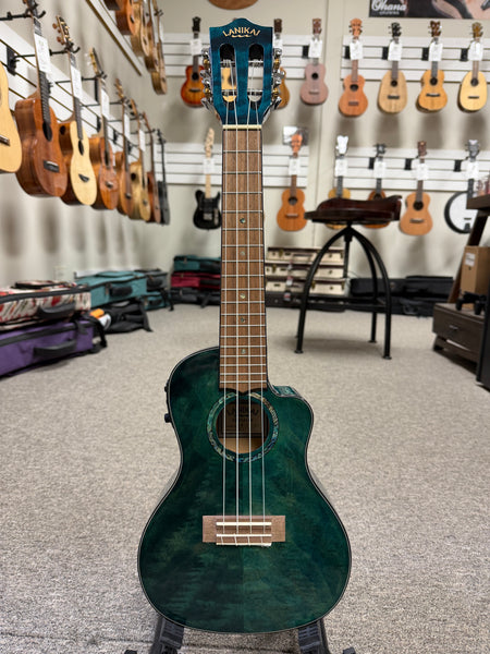 LANIKAI QM-BLCEC Quilted Maple Electric Concert Ukulele w/Case- B- Stock #2 - Transparent Blue