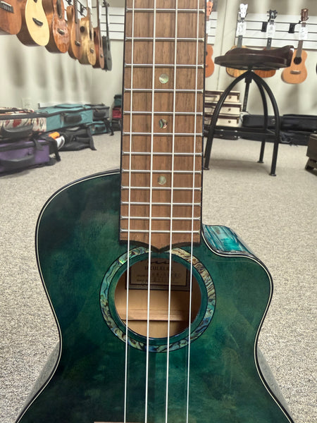 LANIKAI QM-BLCEC Quilted Maple Electric Concert Ukulele w/Case- B- Stock #2 - Transparent Blue