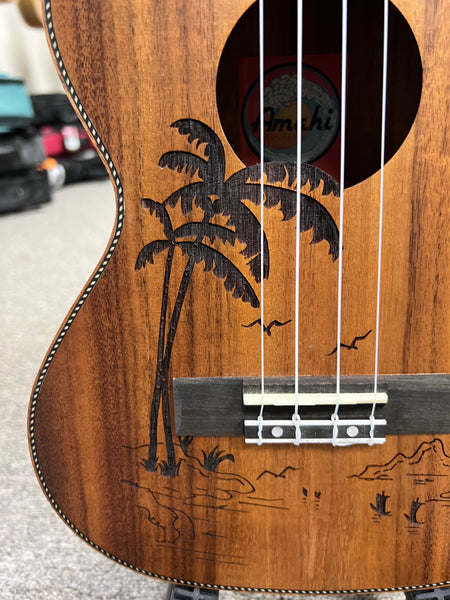 AMAHI C-49 Solid Koa Tenor Ukulele w/Case - Palm Tree Design - Aloha City Ukes