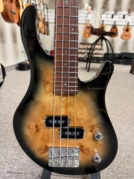 Flight Electric Mini Bass PBR Ukulele w/Case - Poplar Burl Top