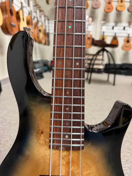 Flight Electric Mini Bass PBR Ukulele w/Case - Poplar Burl Top