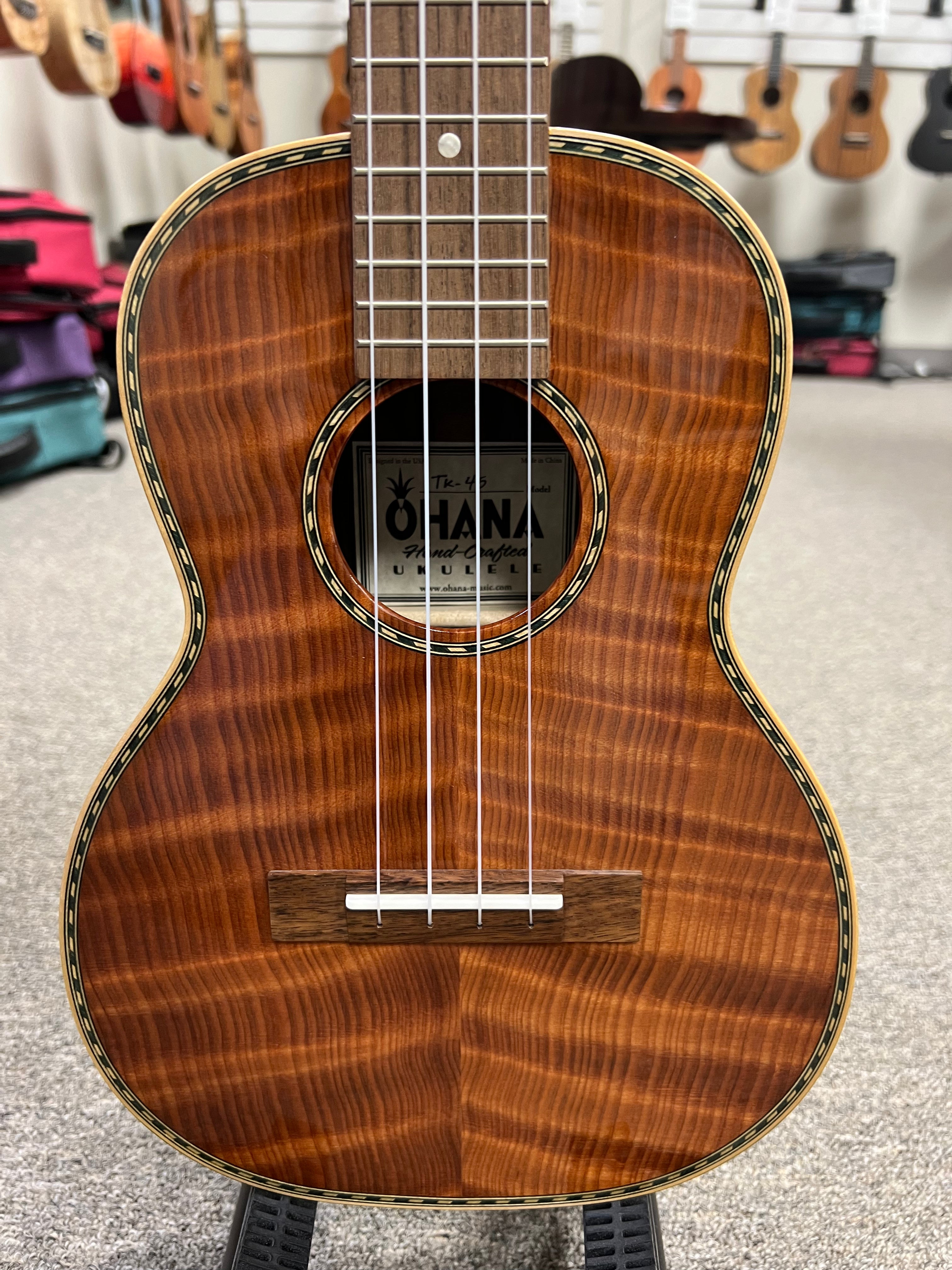 Ohana TK-45 Solid Curly Redwood/Rosewood Tenor Ukulele - Limited