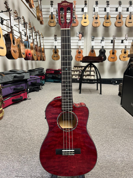 LANIKAI QM-RDCEB Quilted Maple Electric Baritone Ukulele w/Case - Transparent Red