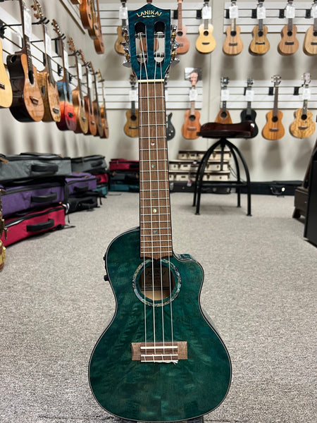 LANIKAI QM-BLCEC Quilted Maple Electric Concert Ukulele w/Case- Transparent Blue