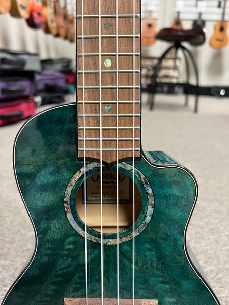 LANIKAI QM-BLCEC Quilted Maple Electric Concert Ukulele w/Case- Transparent Blue
