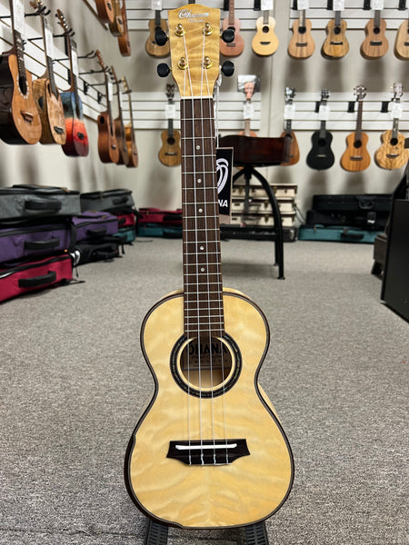 OHANA CK-150QEL Quilted Eucalyptus Concert Ukulele -Bevel Armrest