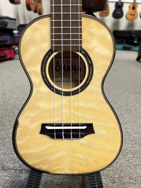 OHANA CK-150QEL Quilted Eucalyptus Concert Ukulele -Bevel Armrest