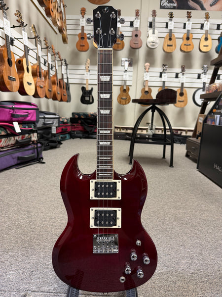 Flight Pioneer Solid Body Steel String Electric Ukulele w/Case - SG Style -Wine Red