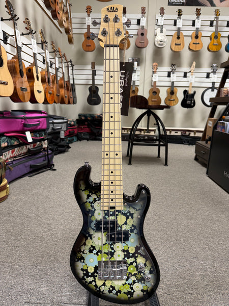 KALA SB-F-BKB Floral Black Burst Solid Body Electric U-Bass Ukulele w/Case
