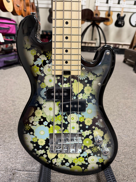 KALA SB-F-BKB Floral Black Burst Solid Body Electric U-Bass Ukulele w/Case
