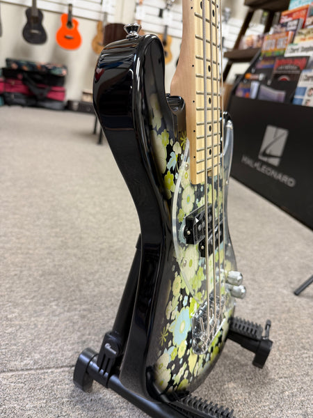 KALA SB-F-BKB Floral Black Burst Solid Body Electric U-Bass Ukulele w/Case