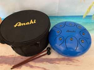 Amahi 10" Blue Steel Tongue Drum - 10" Steel Drum Blue - w/Bag and Mallots - Aloha City Ukes