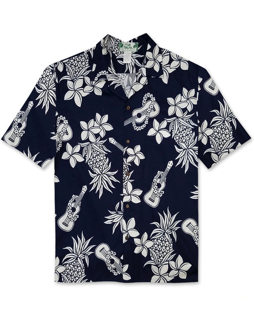 Apparel- Men's Hawaiian Shirt - Ukuleles, Pikaki Leis and Pineapples