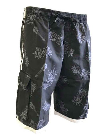 Mens Board Shorts - Black - Ukulele/Pineapple - Aloha City Ukes