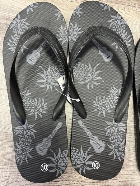 Ukulele & Pineapple Flip Flops - Black Size 10 - Aloha City Ukes