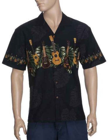 Men's Hawaiian Shirt - Ukulele Monstera Chest Border Hawaiian Shirt - Aloha City Ukes
